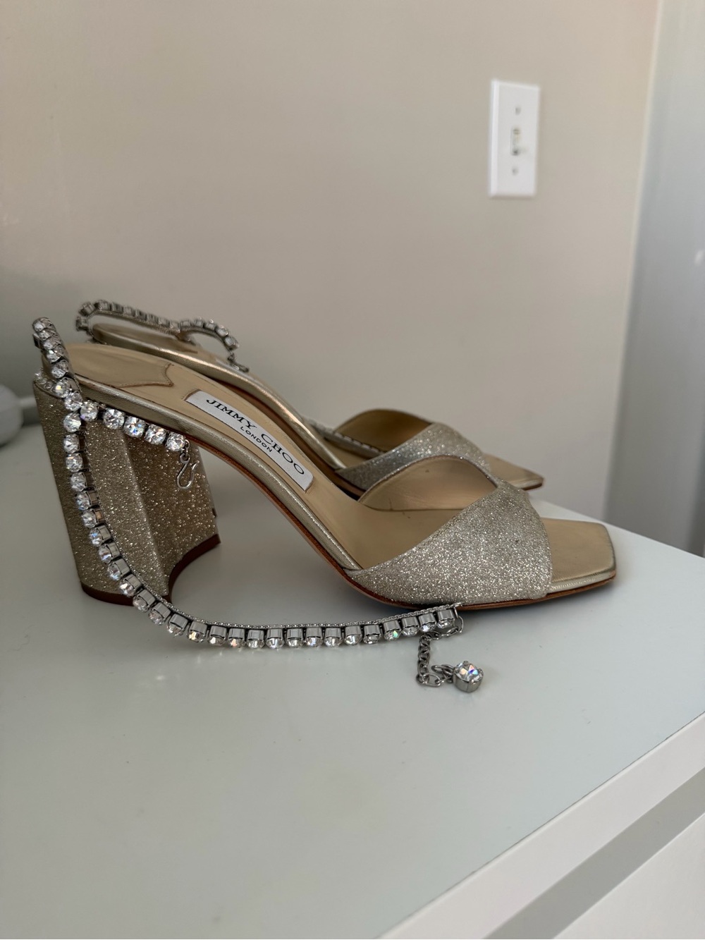 Jimmy Choo Saeda 85 Champagne Glitter Block-Heel Sandals with Crystal Strap 38.5